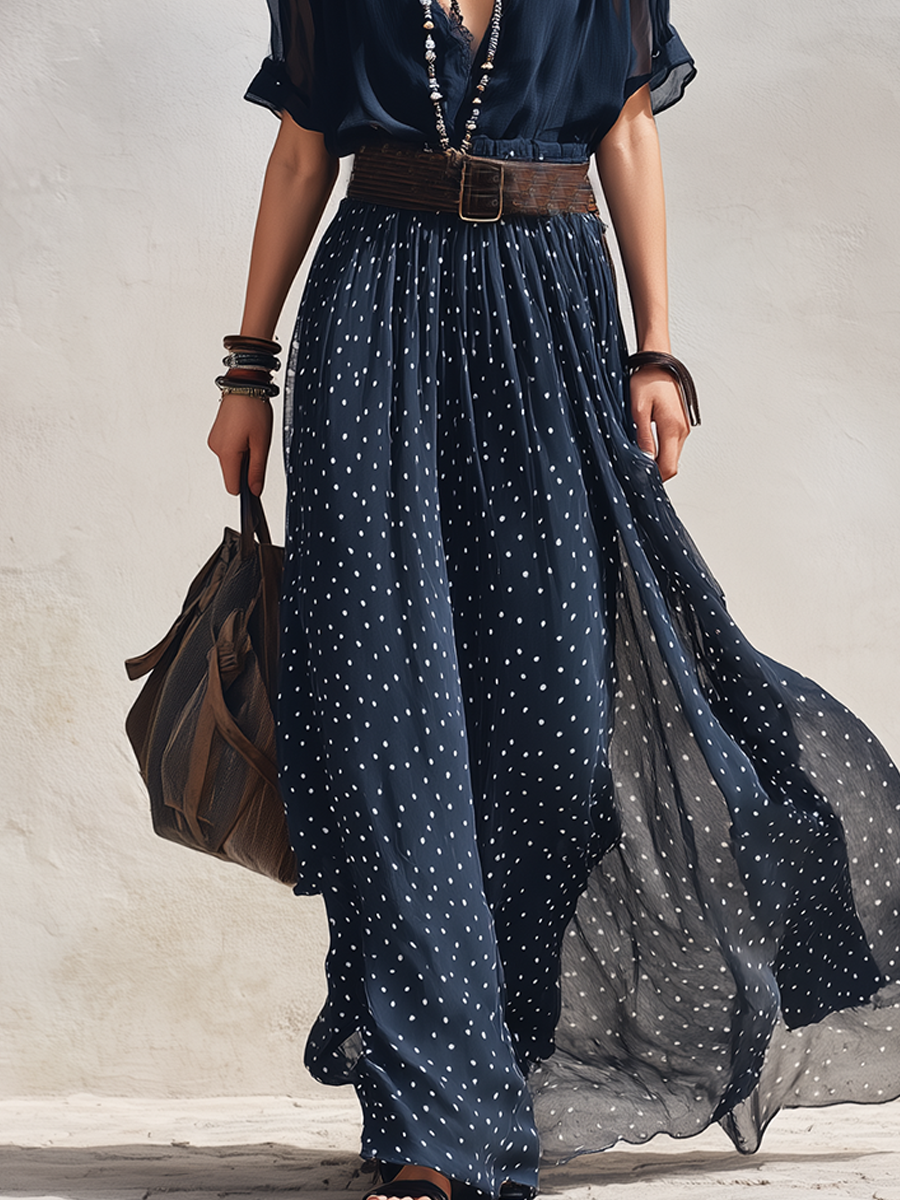 Midnight Blue Polka Dot Chiffon Long Skirt Set