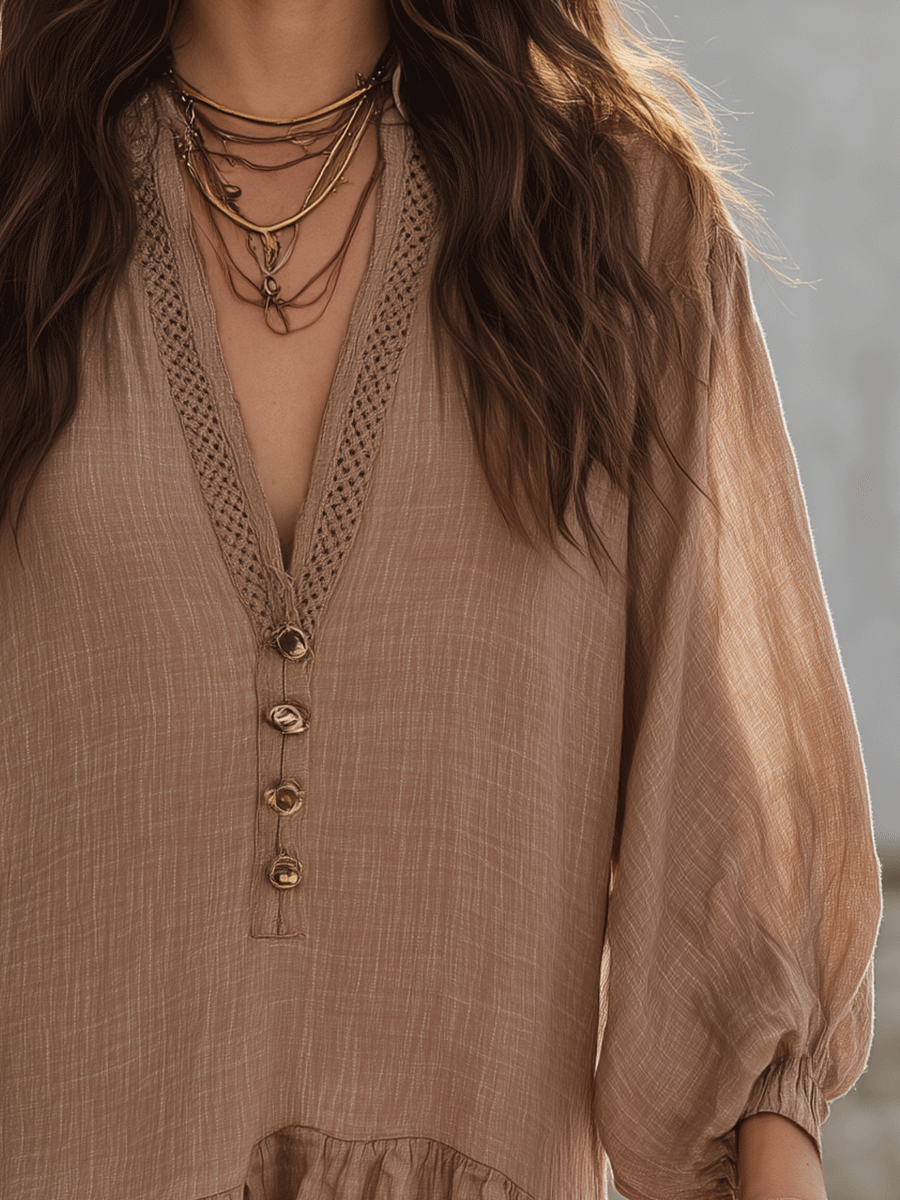 Boho Button-Front Puff Sleeve Relaxed Fit Flowy Mini Dress