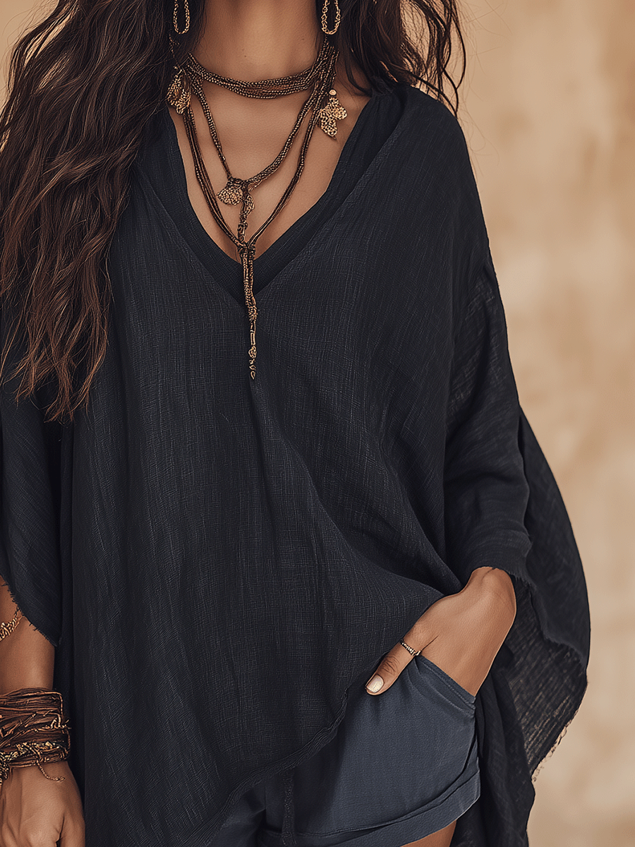 Boho Oversized V-Neck Relaxed Fit Lightweight Tunic Blouse