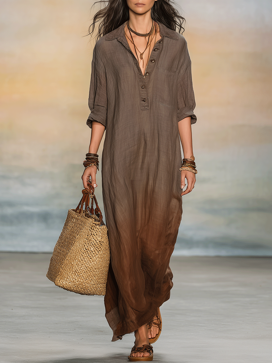 Boho Linen Ombre Button-Neck Relaxed Fit Flowy Maxi Shirt Dress