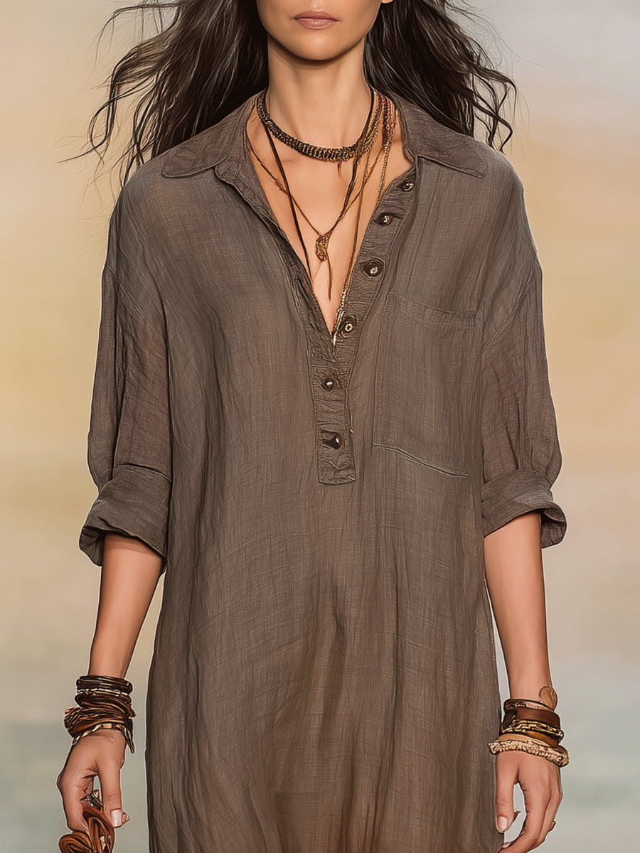 Boho Linen Ombre Button-Neck Relaxed Fit Flowy Maxi Shirt Dress
