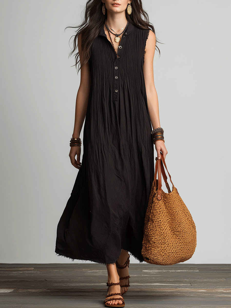 Casual Boho Black Pleated Button-Front Sleeveless Relaxed Fit Maxi Dress