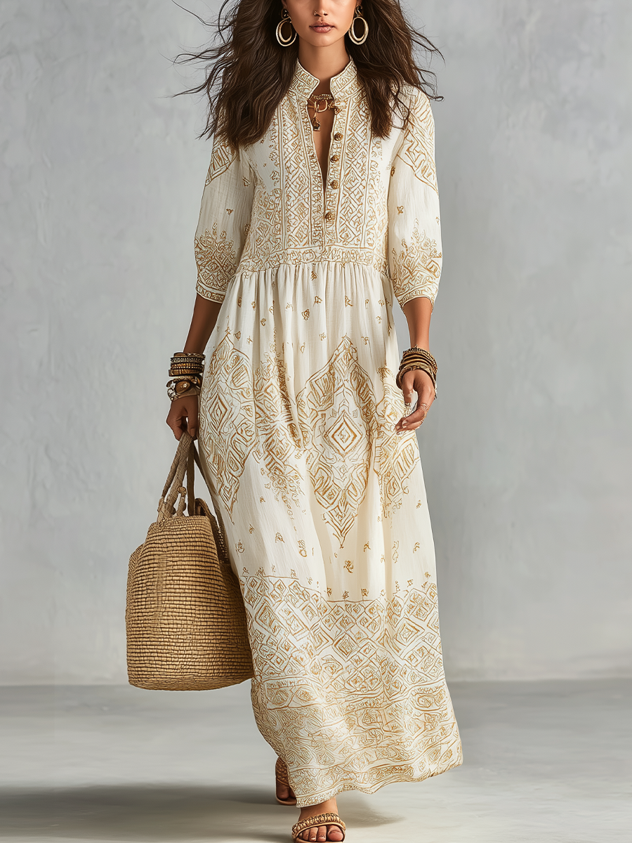 Refined Ivory Embroidered Boho Maxi Dress