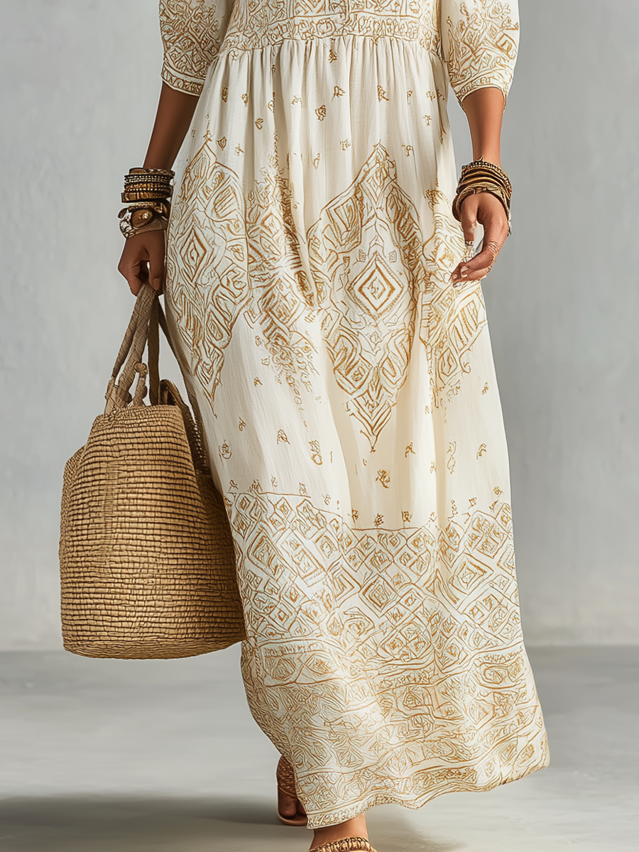 Refined Ivory Embroidered Boho Maxi Dress