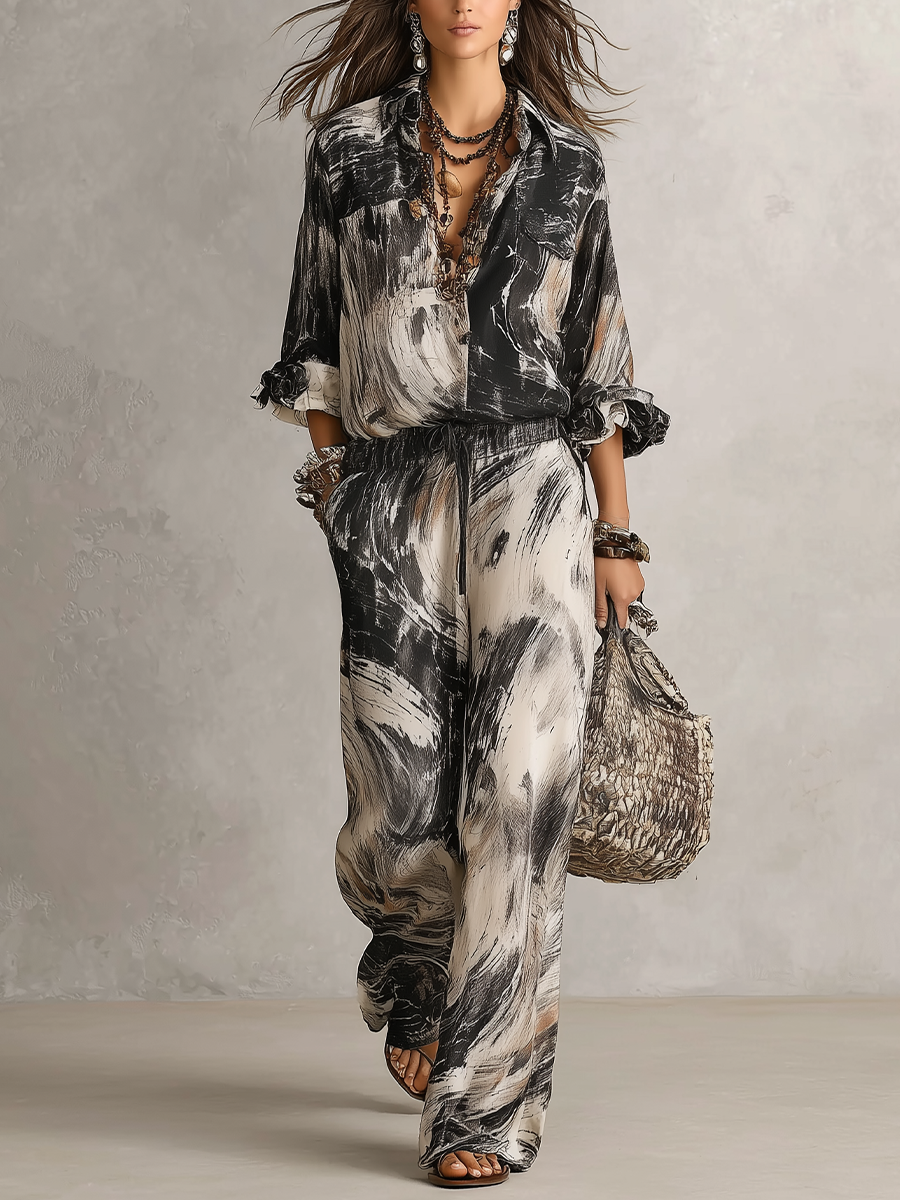 Elegant Ink Wash Print Loose Fitting Suit