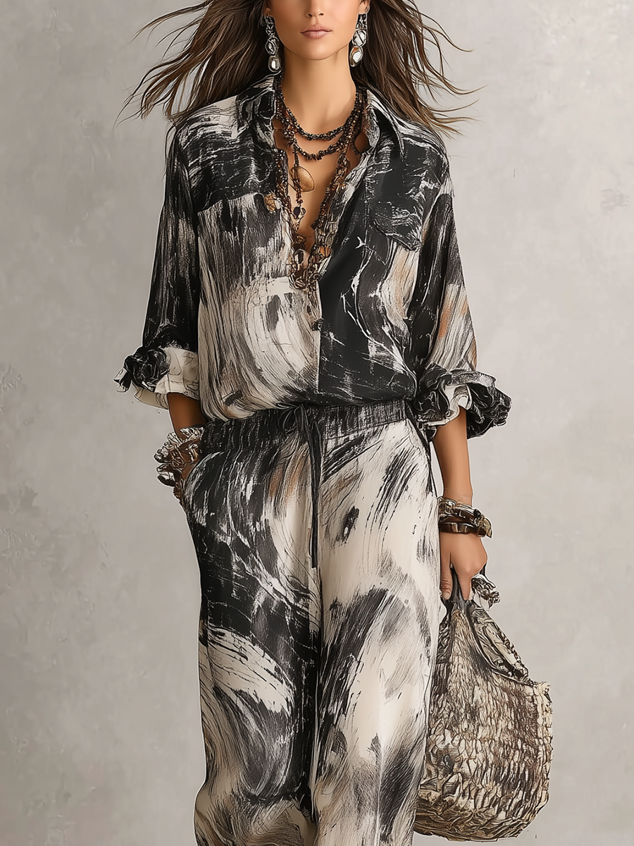 Elegant Ink Wash Print Loose Fitting Suit