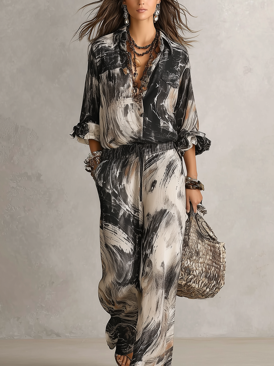 Elegant Ink Wash Print Loose Fitting Suit