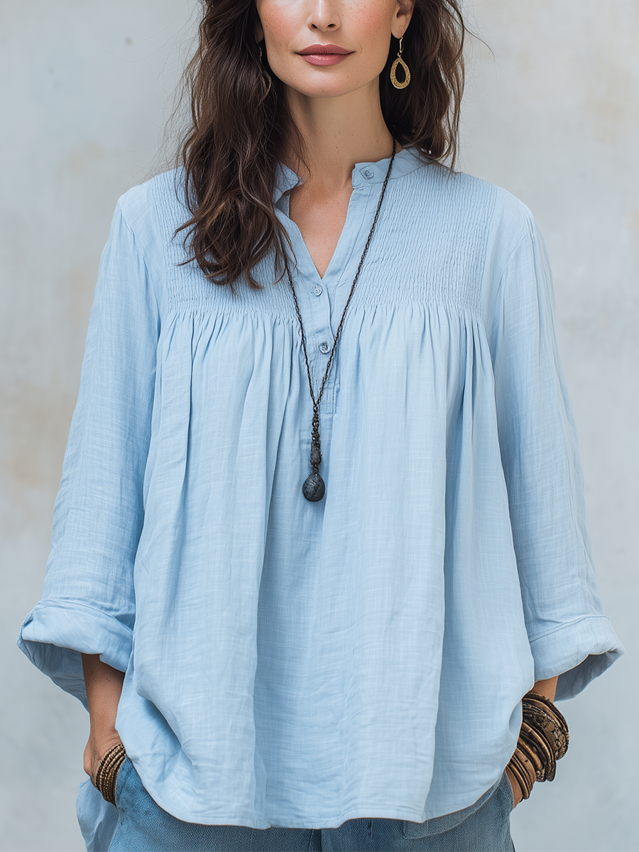 Casual Cotton And Linen Blue Shirt