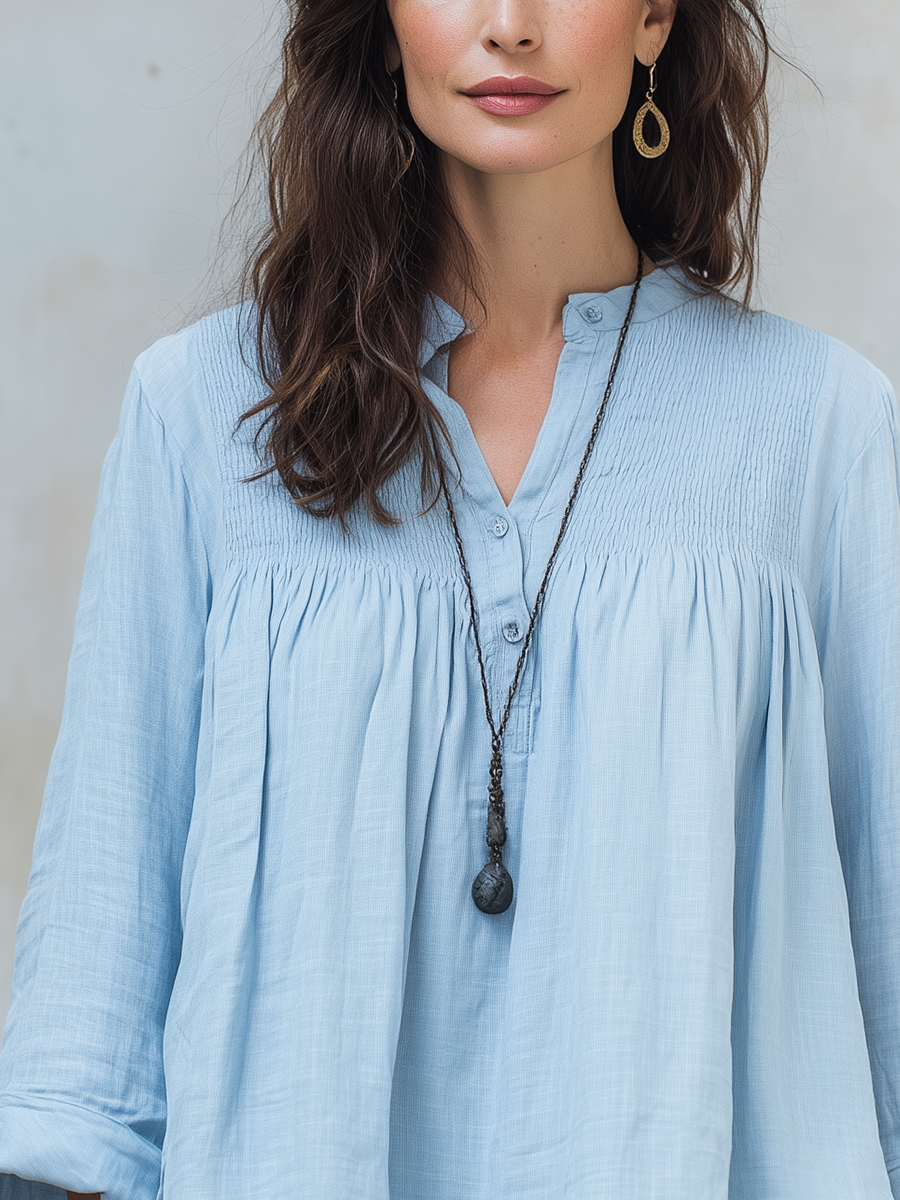 Casual Cotton And Linen Blue Shirt