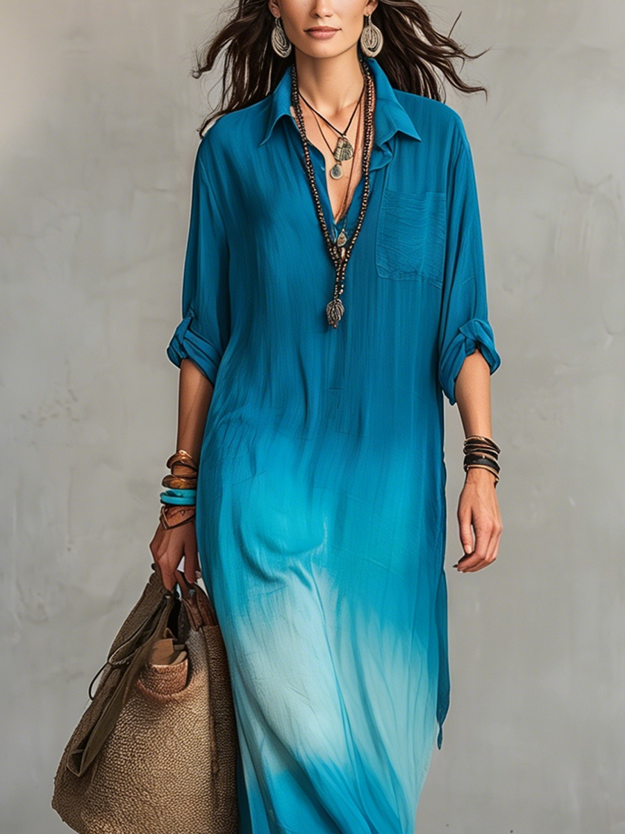 Elegant Peacock Blue Gradient Shirt Dress