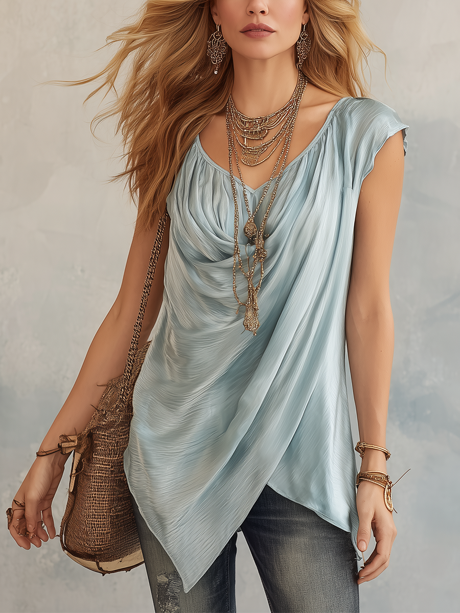Sky Blue Draped Asymmetrical Boho Blouse