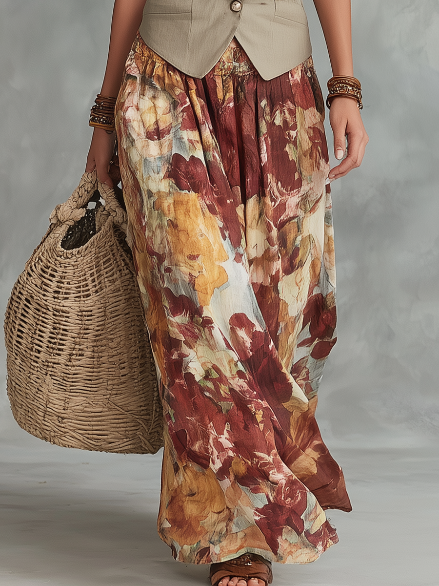 Relaxed Sand Beige Tailored Vest & Floral Maxi Skirt Set