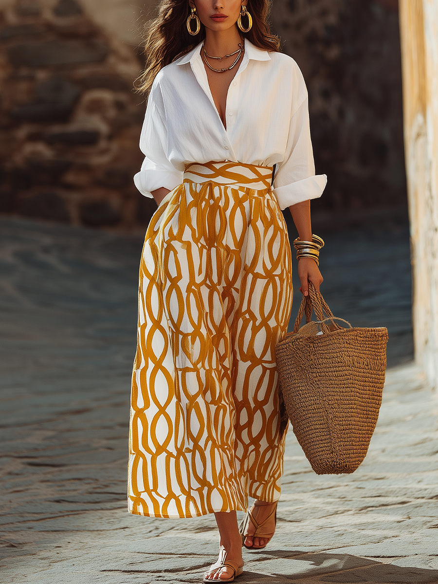 Effortless White Oversized Shirt & Printed Skirt Set