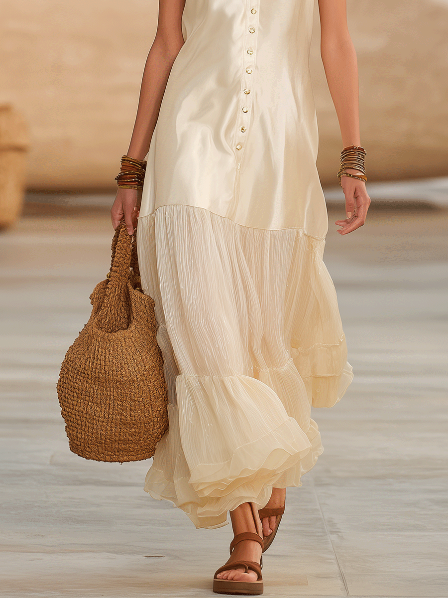 Boho Halter Neck Button-Front Tiered Flowy Maxi Dress