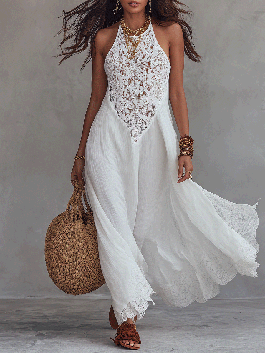 Effortless Boho Lace Halter Neck Flowy Lightweight Maxi Dress
