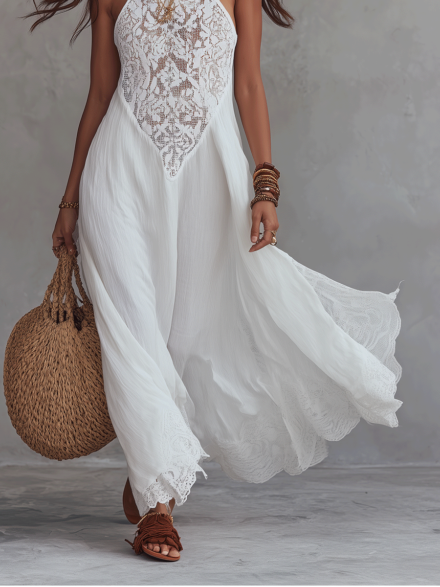Effortless Boho Lace Halter Neck Flowy Lightweight Maxi Dress