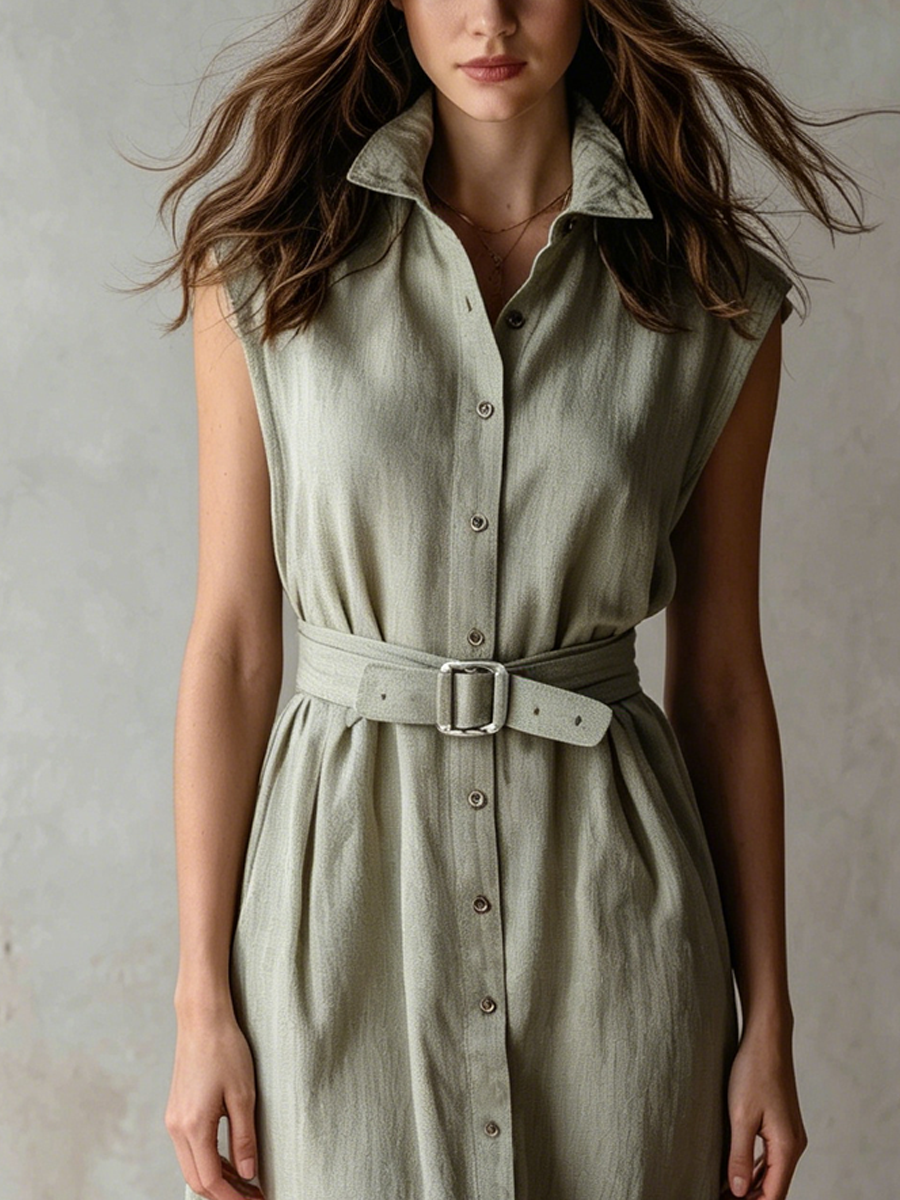 Casual Sage Colored Cotton Linen Tie Front Shirt Dress