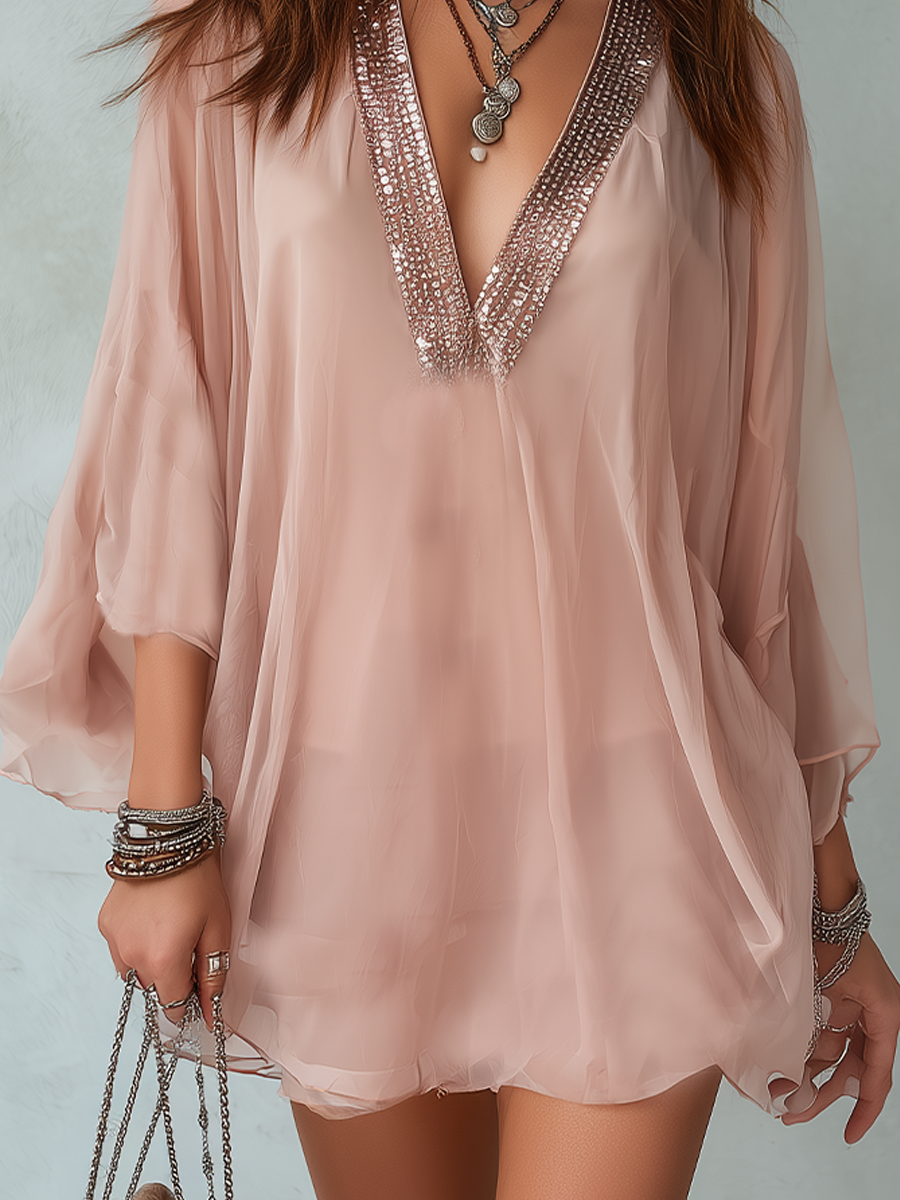 Light Pink Sequined Chiffon Mini Dress