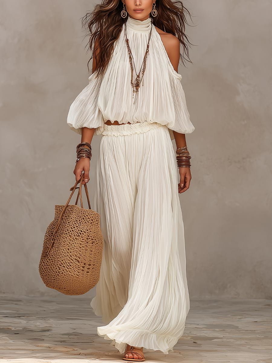 Elegant Ivory Pleated High-Neck Two-Piece Set