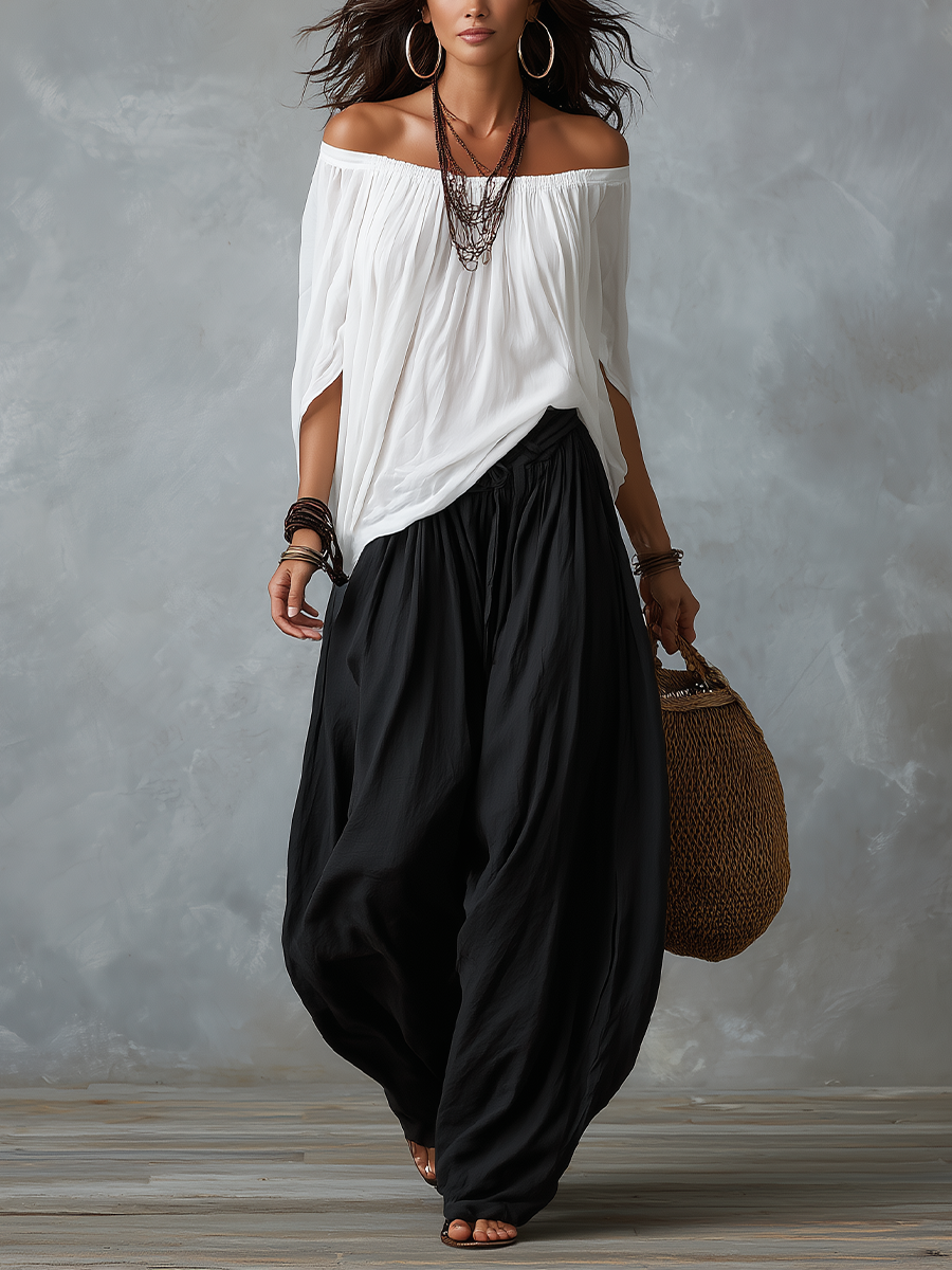 Effortless White Off-Shoulder Harem Pants Set