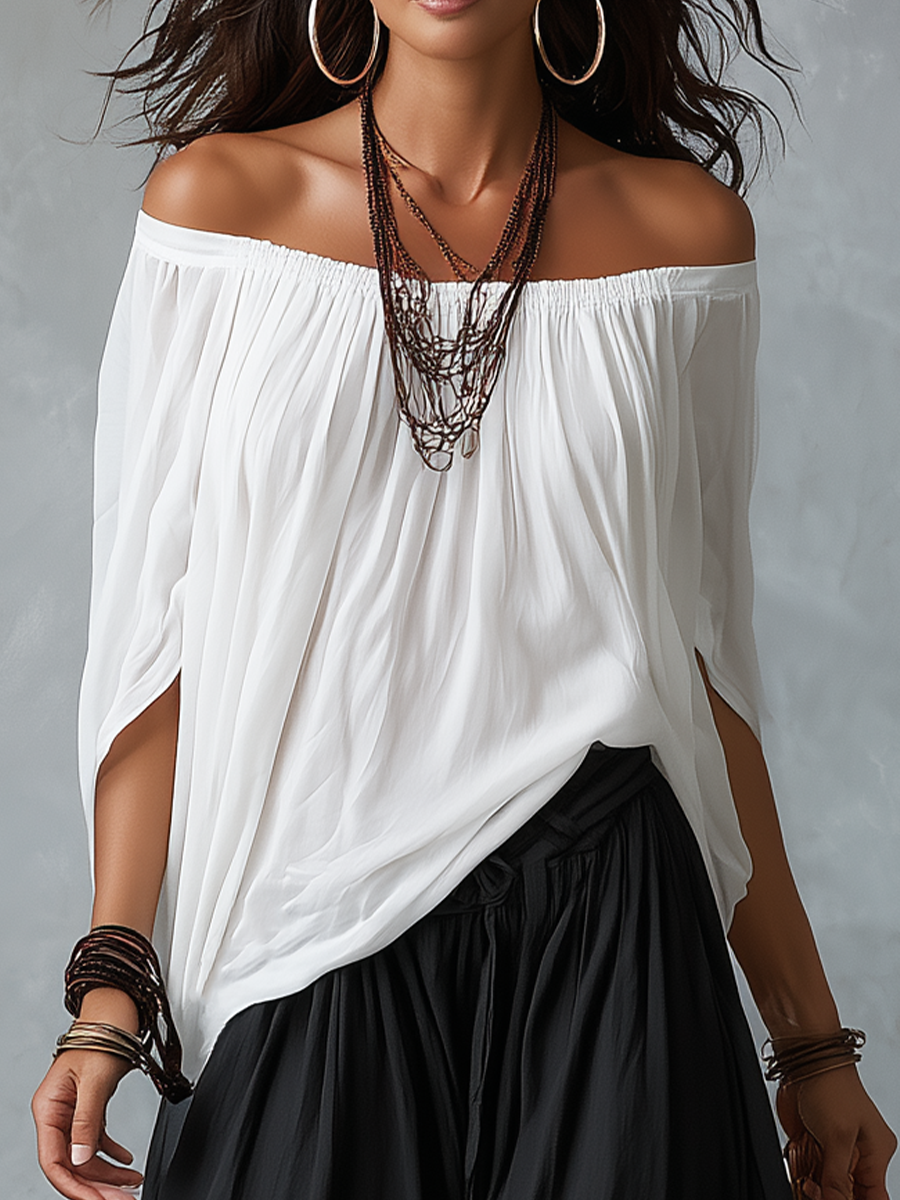 Effortless White Off-Shoulder Harem Pants Set
