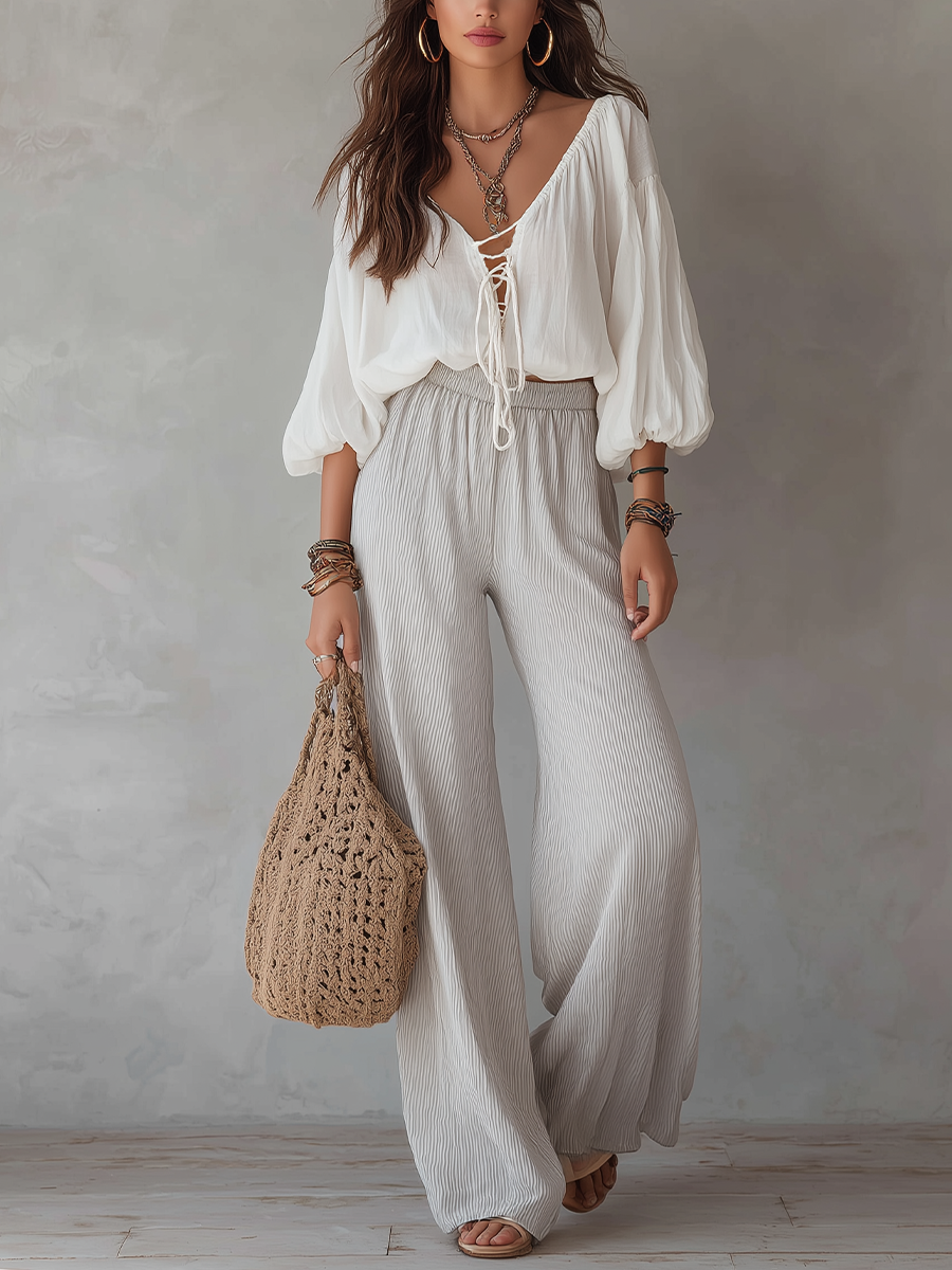 Soft White Lace-Up Blouse And Pants Set