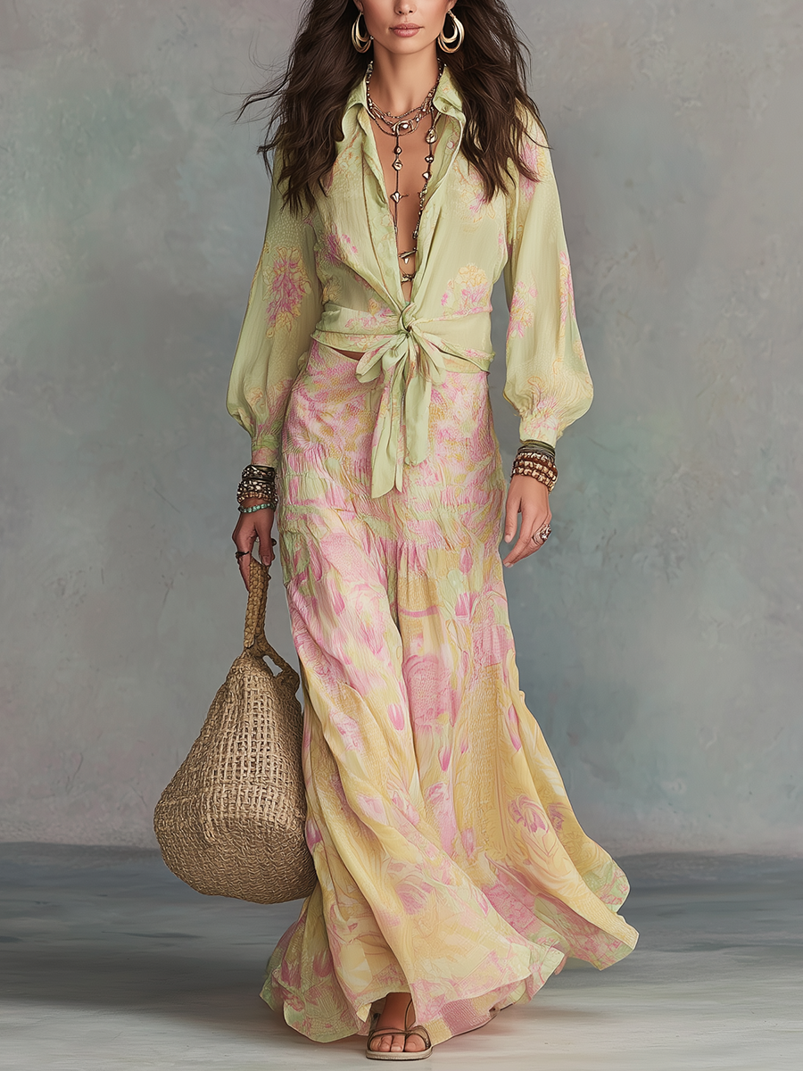 Romantic Sage Floral Tie-Front Skirt Set
