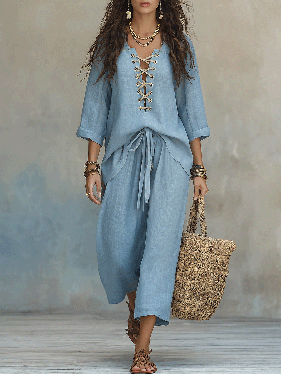 Boho Sky Blue Lightweight Linen Feel Casual Resort Outfit Set