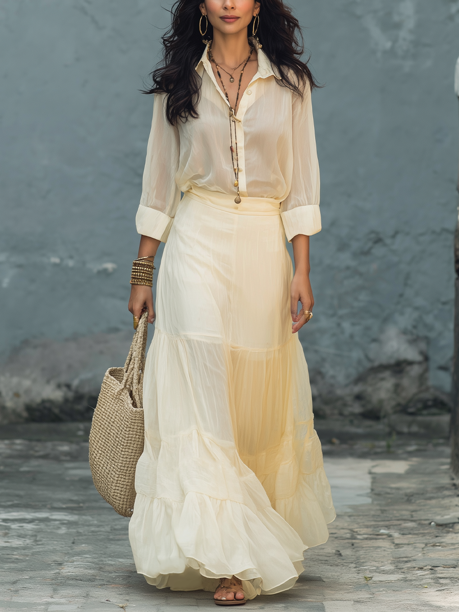 Elegant Ivory Tiered Maxi Skirt Set