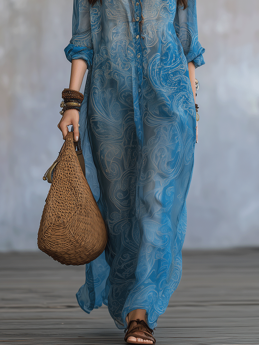 Effortless Bohemian Draping Paisley Print Button-Down Collar Maxi Dress