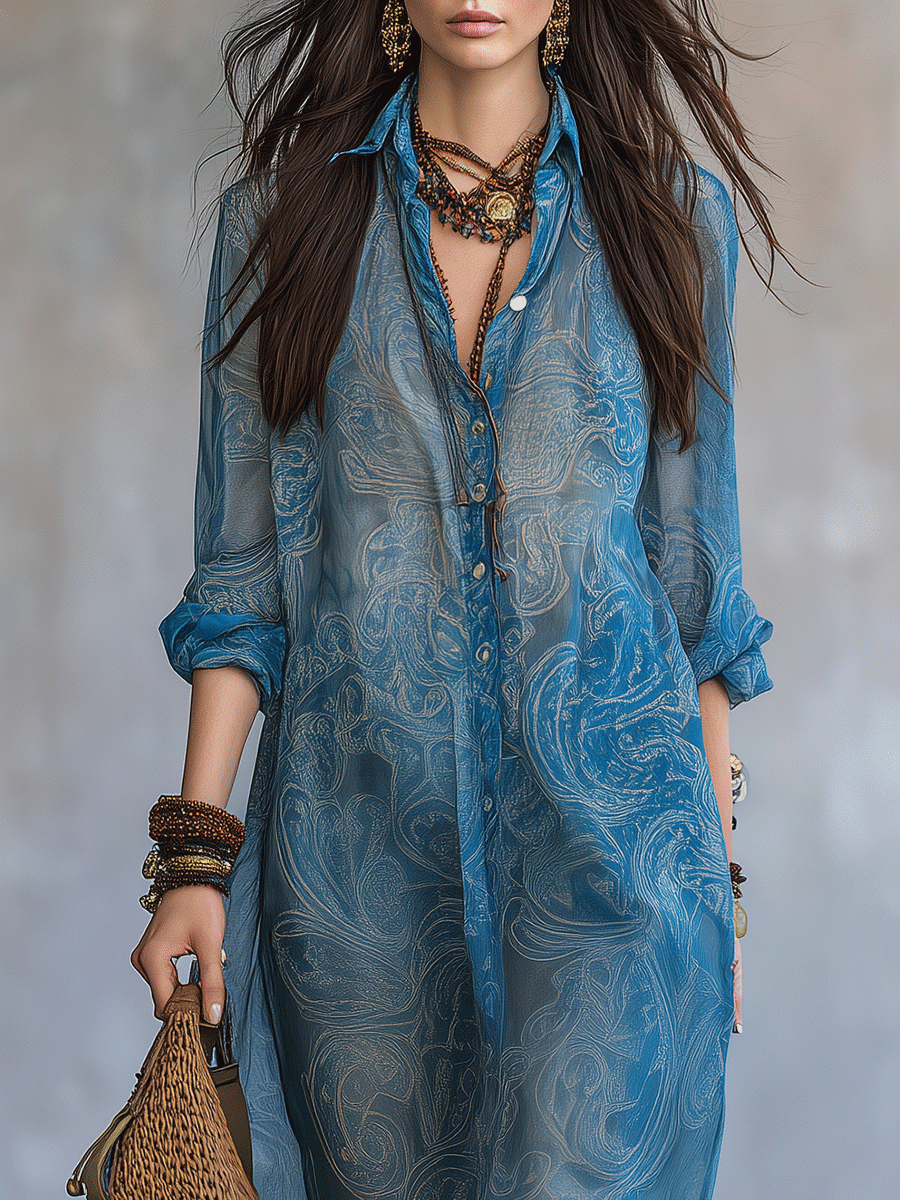 Effortless Bohemian Draping Paisley Print Button-Down Collar Maxi Dress