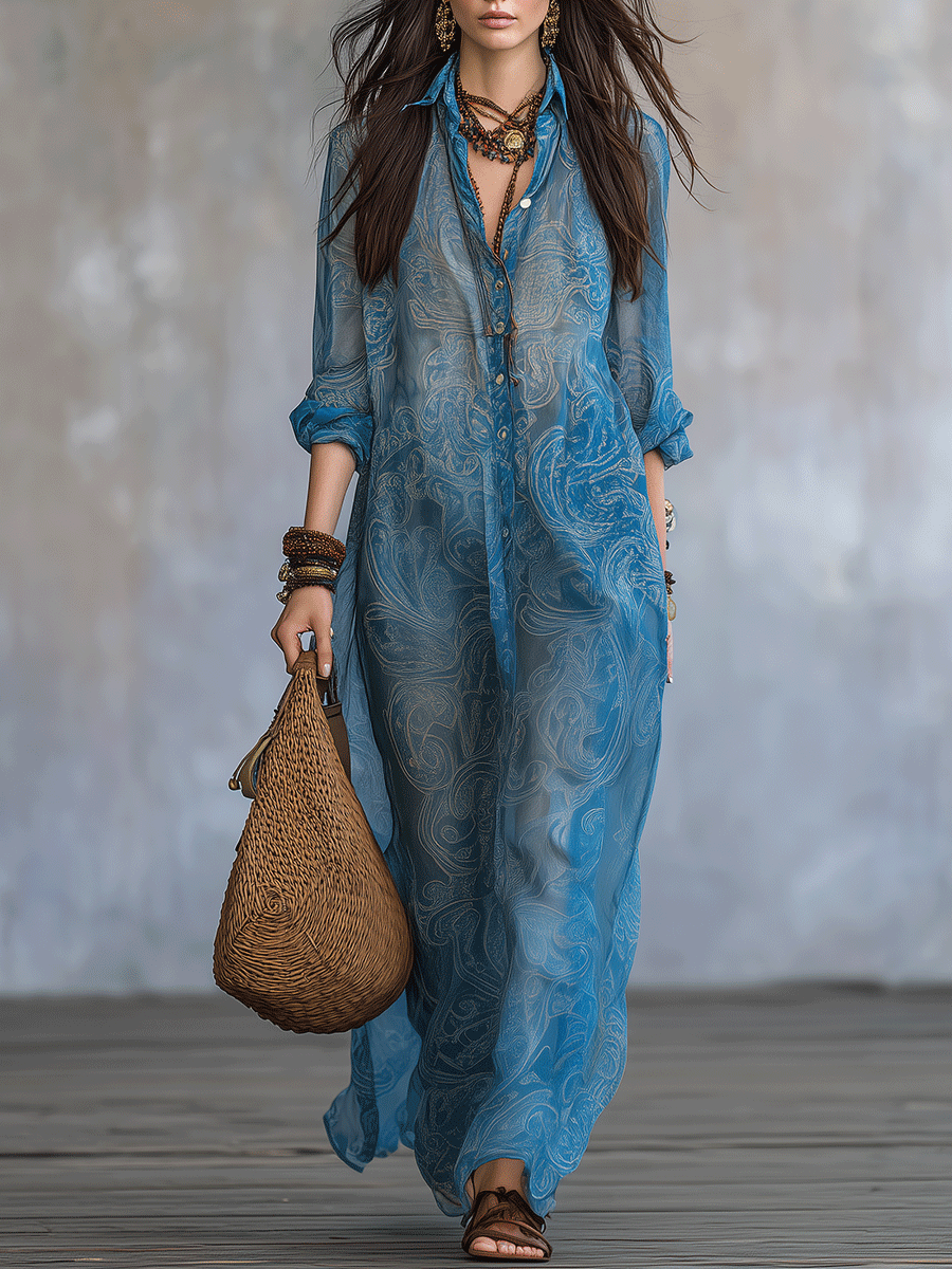 Effortless Bohemian Draping Paisley Print Button-Down Collar Maxi Dress