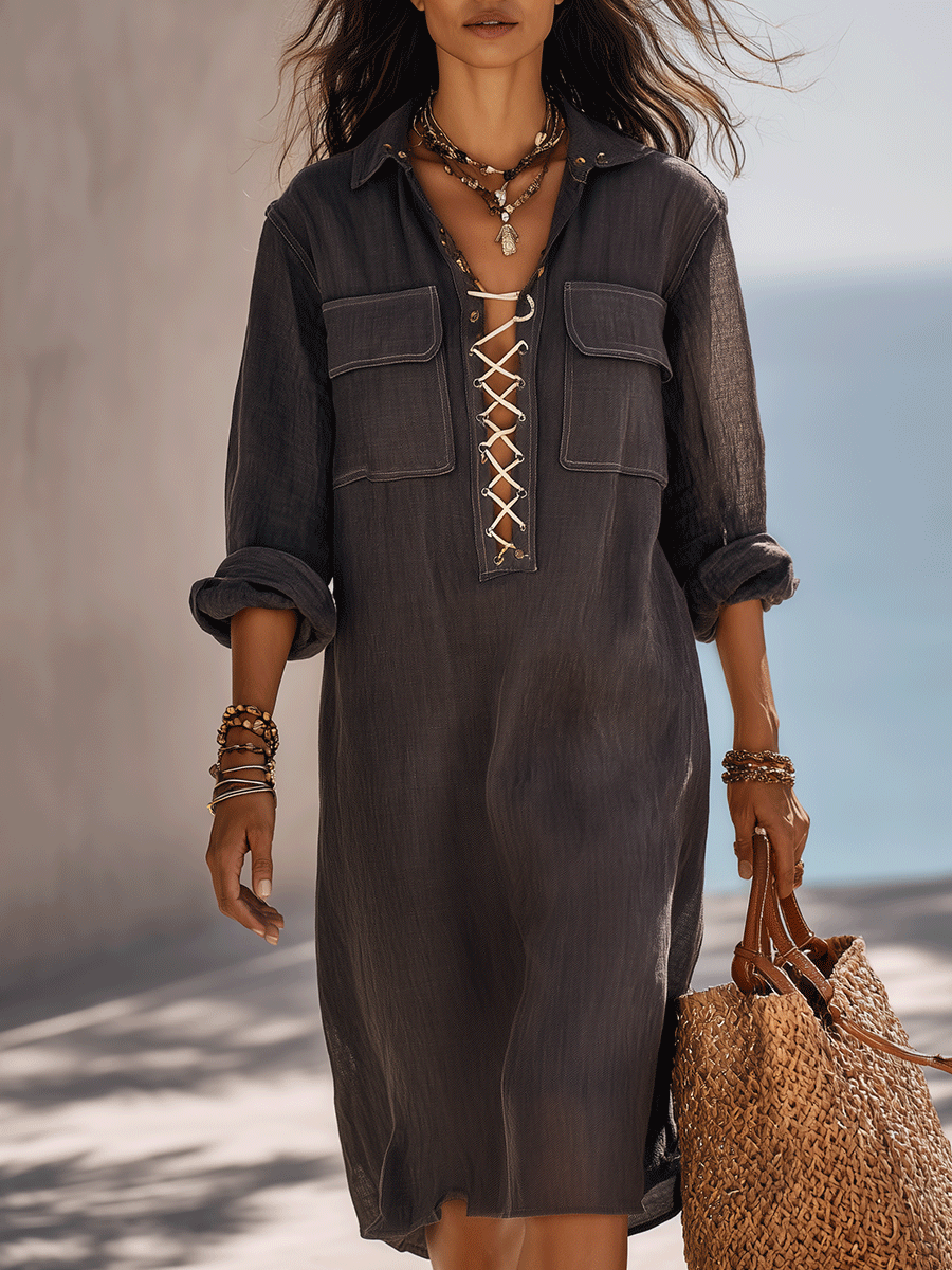 Effortless Boho Lace-Up Utility Style Relaxed Fit Midi Shirt Dress