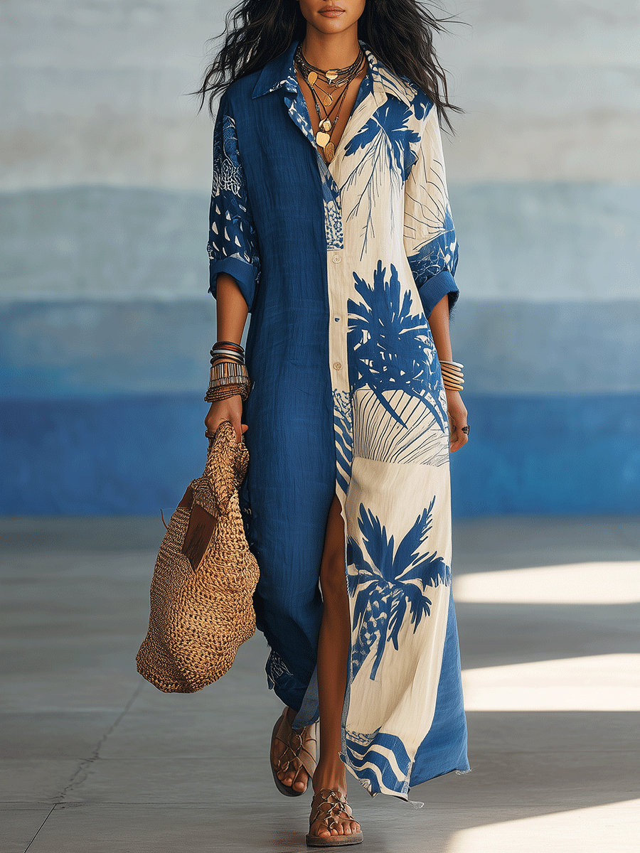 Effortless Bohemian-Style Blue Printed Maxi Dress