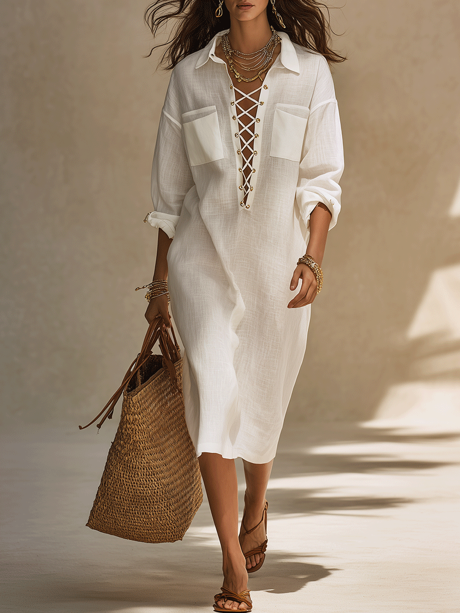 Casual Everyday Cotton-Linen Drawstring Midi Dress