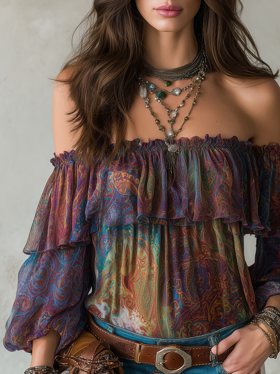 Opulent Midnight Paisley Off Shoulder Boho Blouse