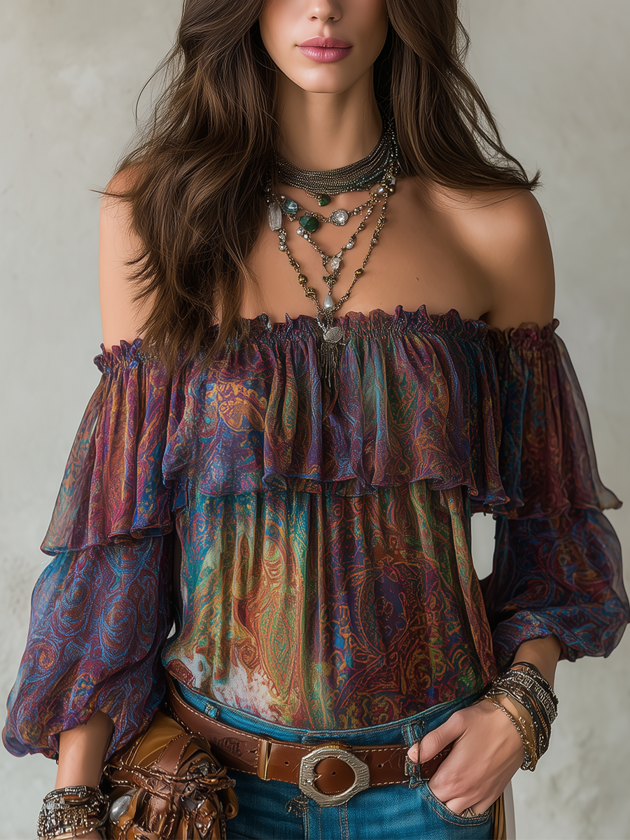 Opulent Midnight Paisley Off Shoulder Boho Blouse