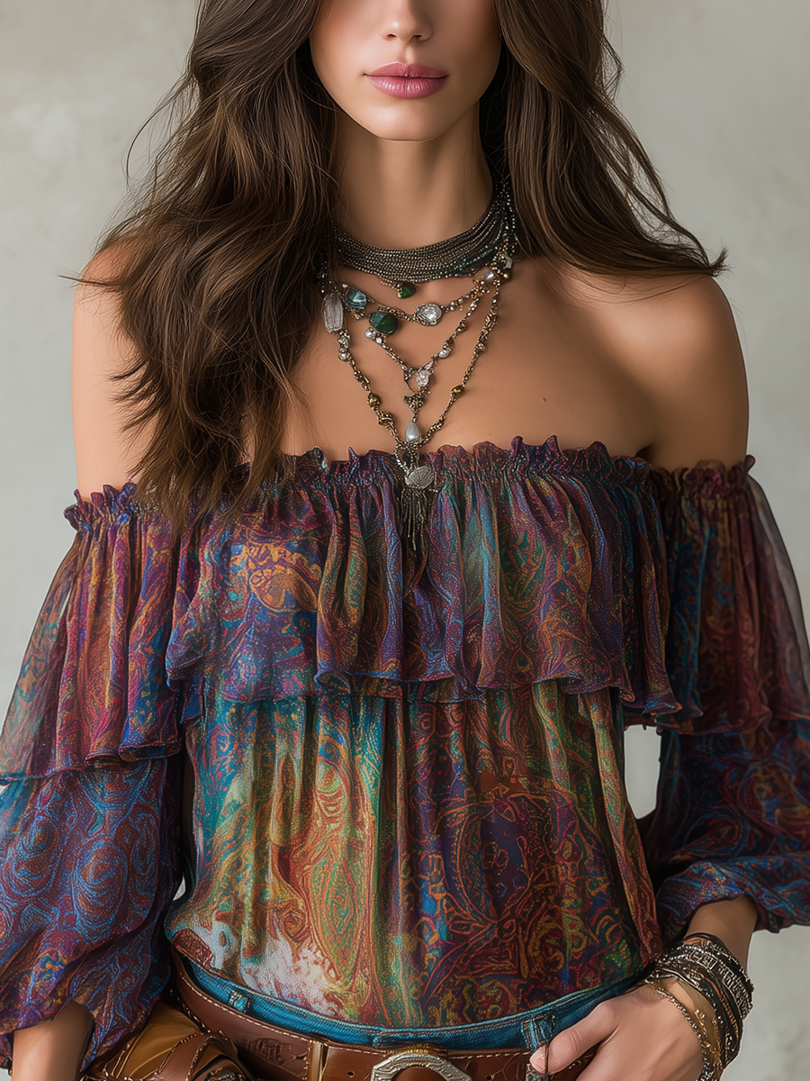 Opulent Midnight Paisley Off Shoulder Boho Blouse