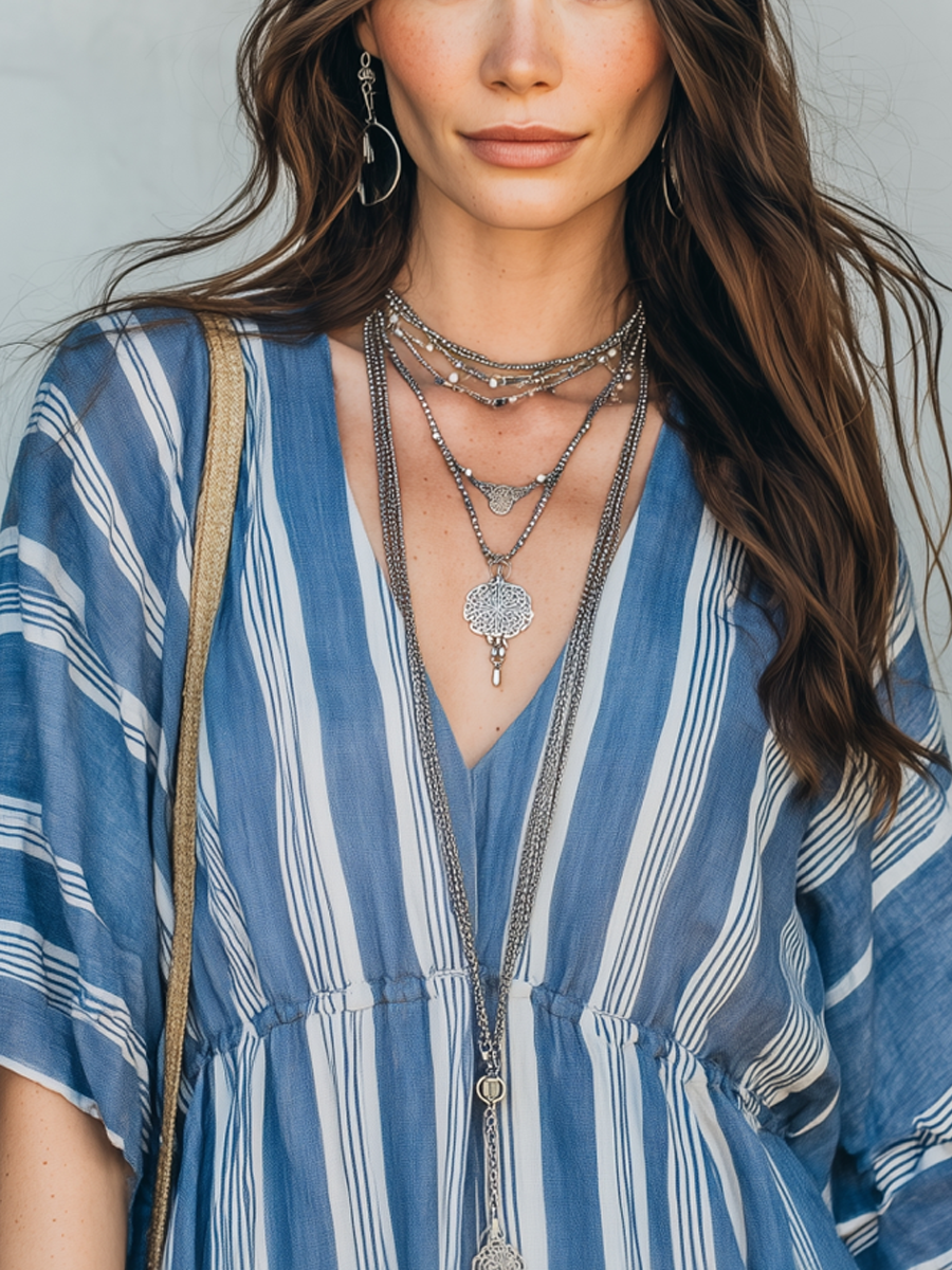 Effortless Sky Blue Striped Boho T-shirt