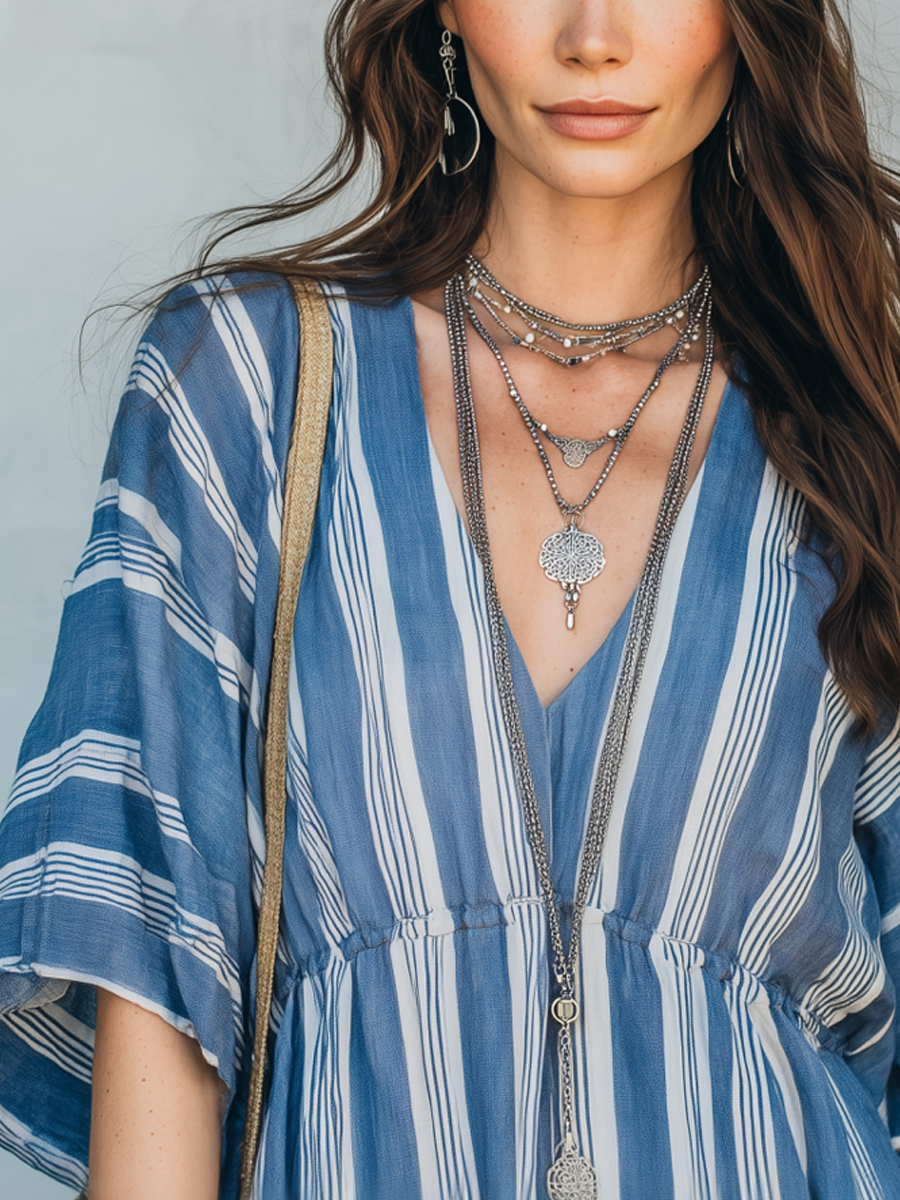 Effortless Sky Blue Striped Boho T-shirt