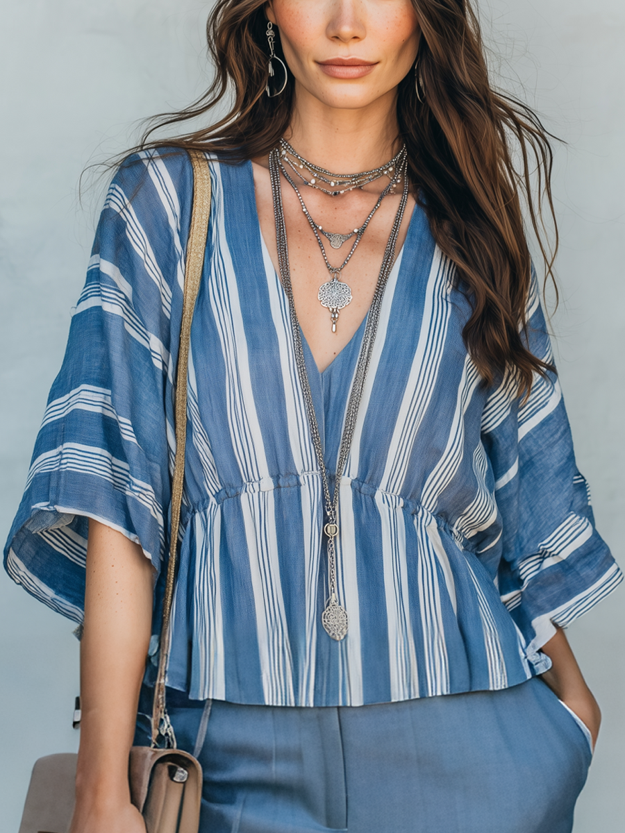 Effortless Sky Blue Striped Boho T-shirt
