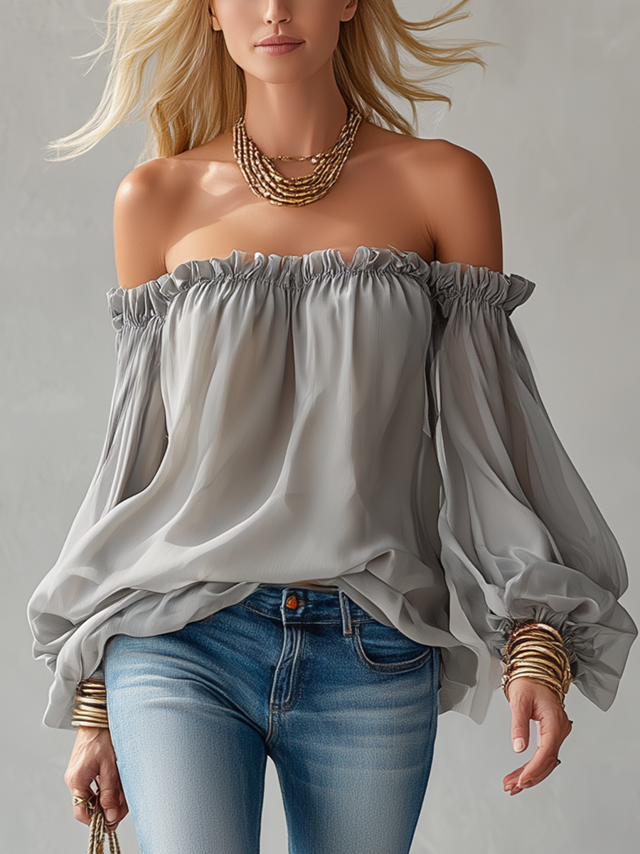 Lightweight Chiffon Gray Off-shoulder Top