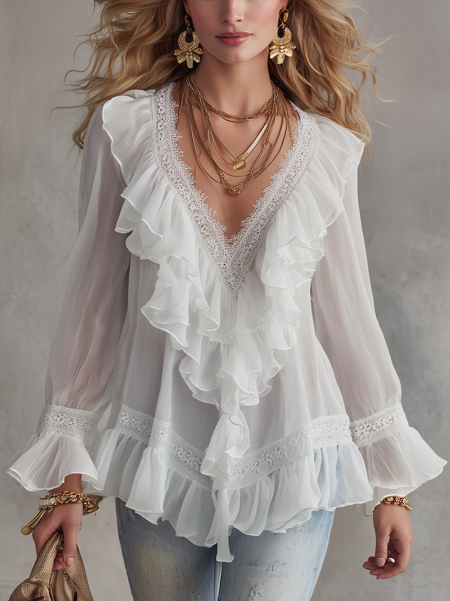 Lightweight White Lace Ruffled Chiffon Blouse