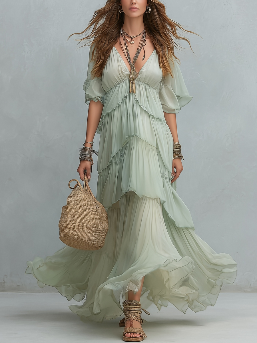 Ethereal Sage Layered Chiffon Maxi Dress