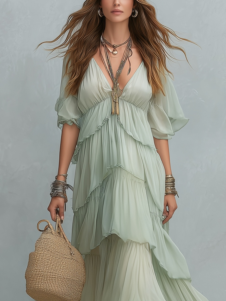 Ethereal Sage Layered Chiffon Maxi Dress
