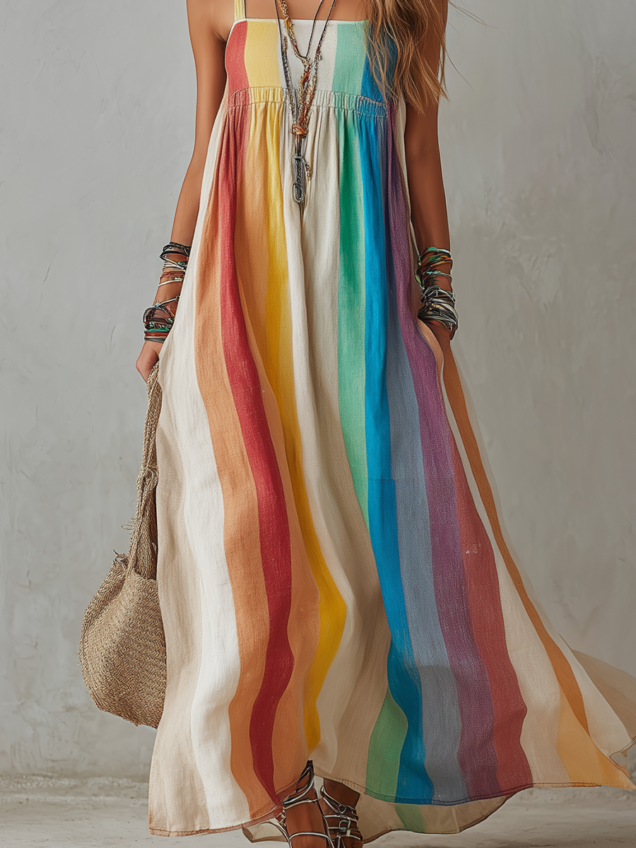 Bohemian Sunset Rainbow Striped Maxi Dress