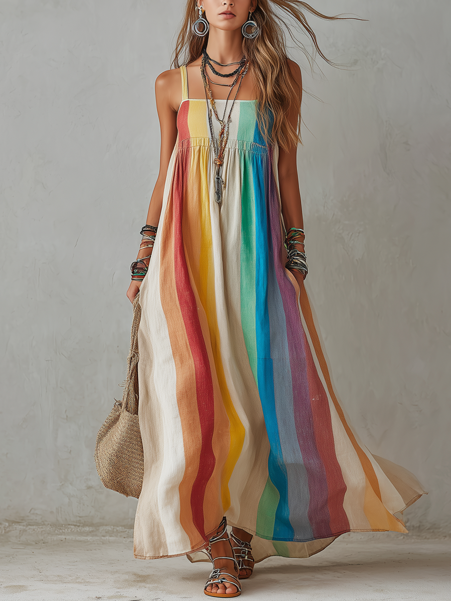 Bohemian Sunset Rainbow Striped Maxi Dress