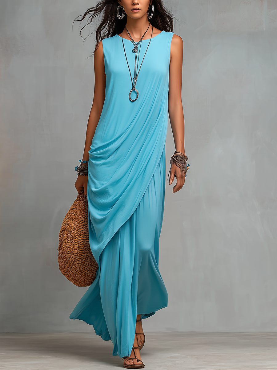Graceful Sky Blue Draped Maxi Dress