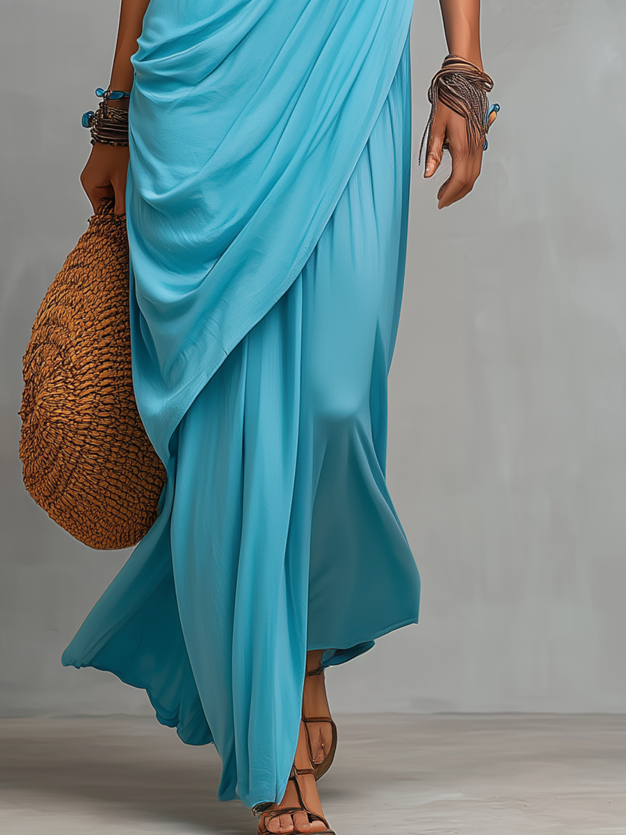 Graceful Sky Blue Draped Maxi Dress