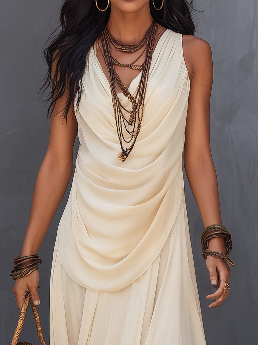 Chic Cream Layered Ruffle Maxi Dress